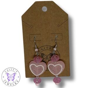 Handmade Silver Fishhook Earrings with Textured Pastel Heart Beads